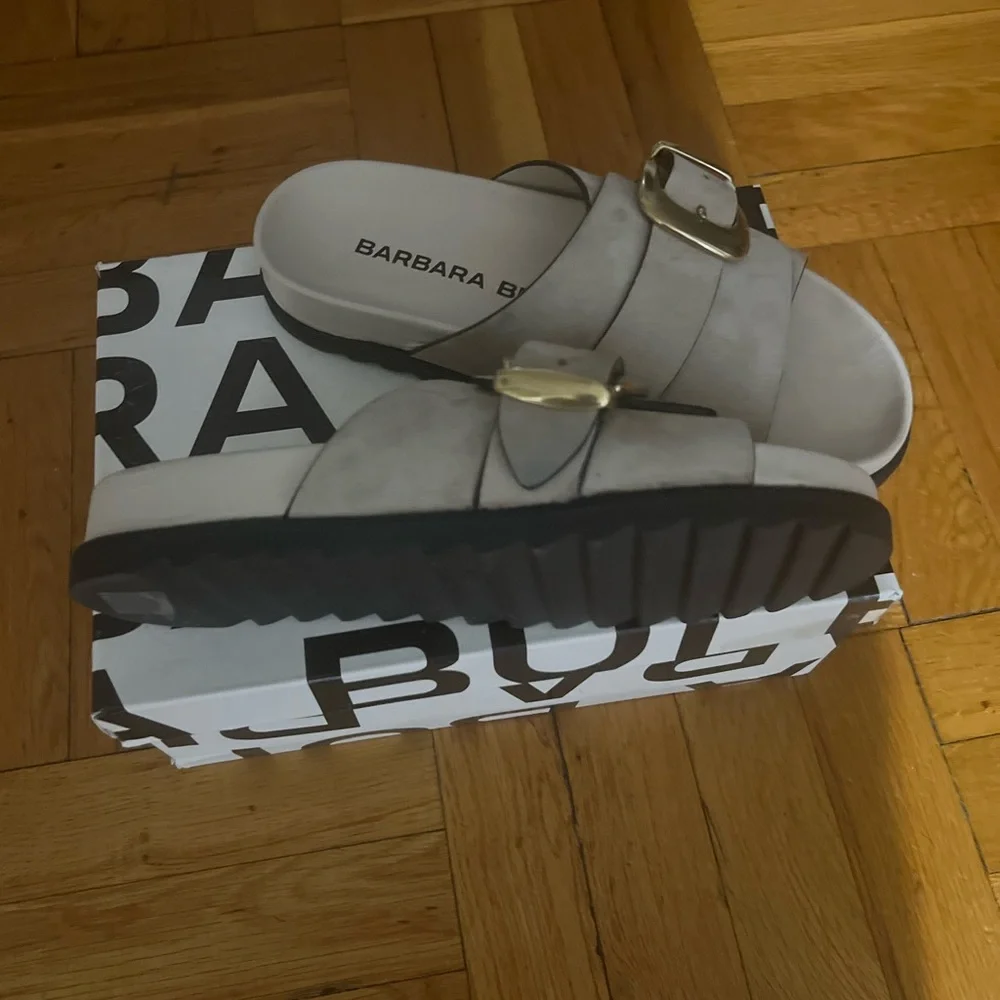 Barbara Bui Gray Slide Sandals with Gold Buckle